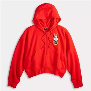 Disney Minnie Mouse Red Cropped Hoodie | Drawstring Zipper Pockets Juniors L NEW